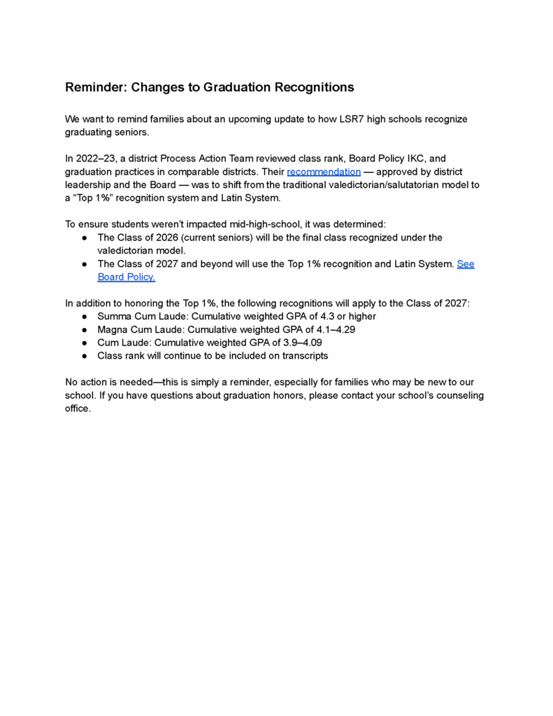 Changes to Graduation Recognitions